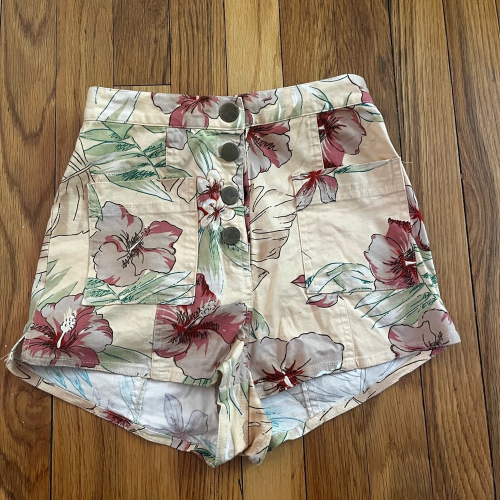 Urban Outfitters Floral High Waist Shorts - Cream and Red
